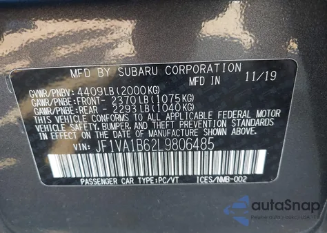 2020 Subaru Wrx Premium из США, поврежденный, VIN JF1VA1B62L9806485